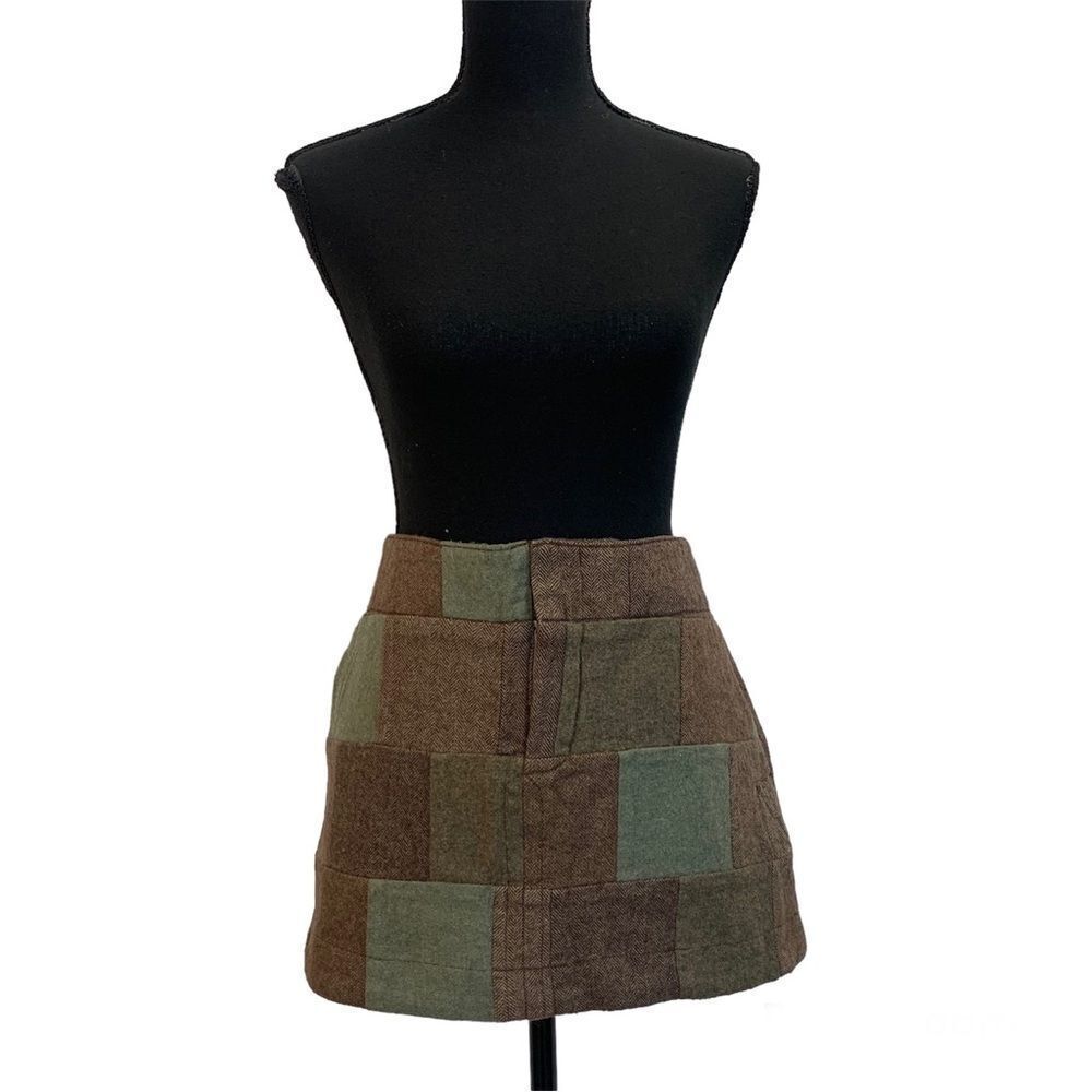 AMERICAN Eagle brown green wool patchwork square print mini skirt Sz 10 - Picture 1 of 11